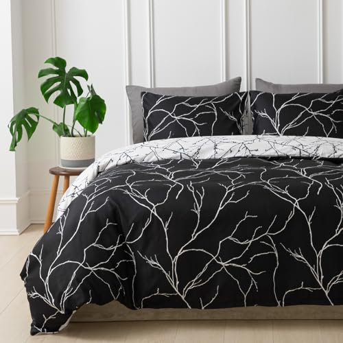 Tokokimo Bettwäsche 220x240 3teilig - Bettwäsche-Sets mit 2 Kopfkissenbezüge mit Reißverschluss 80x80 cm - Baumzweigmuster Mikrofaser Bettbezug für Doppelbetten mit Reißverschluss, Schwarz