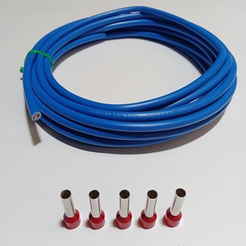 Verdrahtungsleitung 10mm² - schwarz, grau, braun, blau, grün/gelb - H07V-K PVC-Einzelader - Aderleitung feindrähtig flexibel (2-100m) inkl. 5 Aderendhülsen (blau, 3 Meter)