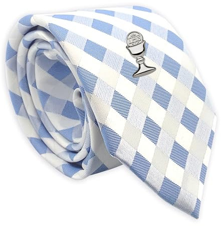 Cherished Moments Boys First Communion Tie with Chalice Tie Pin or Personalized Tie Bar in Silver-Tone, 45-inch, Blue Check W/Chalice Pin, One Size