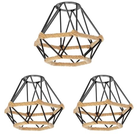 ledscom.de 3 Stück Käfig Lampenschirm mit Hanfseil, Diamant, schwarz, 155mm Ø