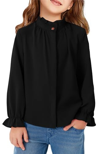 Haloumoning Girls Ruffle Blouse Long Sleeve Shirts, Black, 10-12 Years