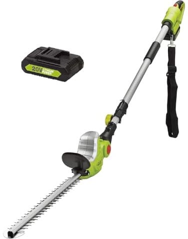 Garden Gear 20V Cordless Telescopic Hedge Trimmer, Long Reach Extendable Pole 120° Adjustable Head, 2 x 20v Lithium-ion Batteries & Shoulder Strap