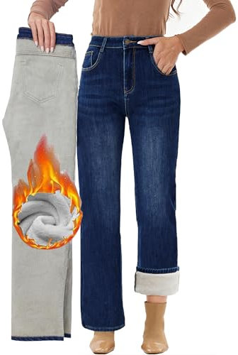Fakanhui Jean d'hiver thermique doublé en polaire pour femme - Coupe ample - Chaud et décontracté, Bleu B, Taille S