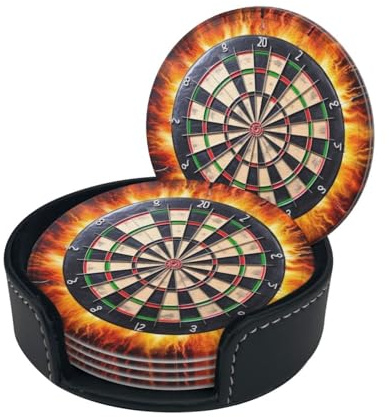 Stilvolle Untersetzer – Dartscheibe, 6er-Set, runde Getränkeuntersetzer aus Leder mit Halter, perfekte Größe für Tassen und Gläser, 10555