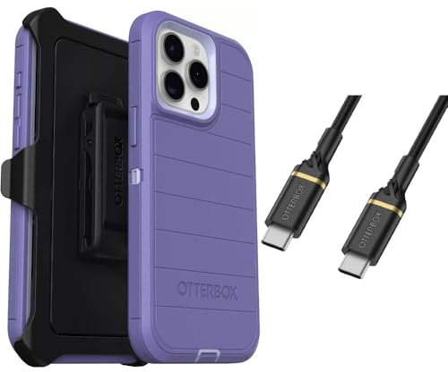 OtterBox iPhone 15 Pro Max (Only) Bundle: - Defender Series Case - Mountain Majesty (Purple) - Holster Clip Included - Microbial Defense Protection - USB-C to USB-C Cable - Non-Retail Packaging