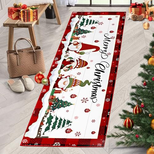 TUKDAK Weihnachtsteppich rutschfest 60x180cm, Weihnachten Teppich Läufer fürs Flur, Waschbar Kurzflor Teppichläufer Küchenteppich Küchenläufer, Boden Teppich Runner für Flur Entryway Wäsche Daneben