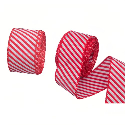 2 Rollen rot und weiß gestreiftes Band 4,5 Meter Weihnachten Drahtrand Band Zuckerstange Verpackung kariertes Band für Weihnachtskranz Schleife DIY Handwerk Heimdekoration 6,3 cm breit