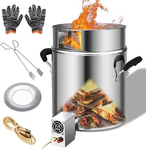 Forno a Razzo, Forno Elettrico Ventilato Forno a Legna da Esterno Stufa a Legna per Forno Olandese con Pinze per Legna da Ardere Protezione dal Vento e Ventilatore USB Forno in Acciaio Inox