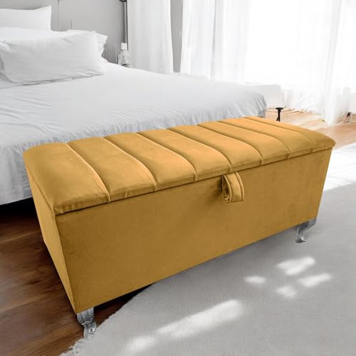 Harveys Living Ottoman Storage Box - Penal Style Engineered Wood Luxurious Plush Velvet Ottoman Storage Bench - (Mustard Plush, Legs)