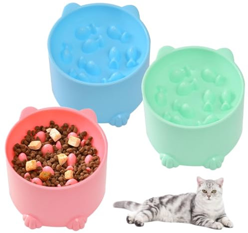 3 Pièces Gamelle Chat Anti Glouton Surélevée, Gamelle Ludique Bol Chat Anti Vomissement, Bleu/Rose/Vert Surélevéeconvient aux Chats et aux Petits Chiens