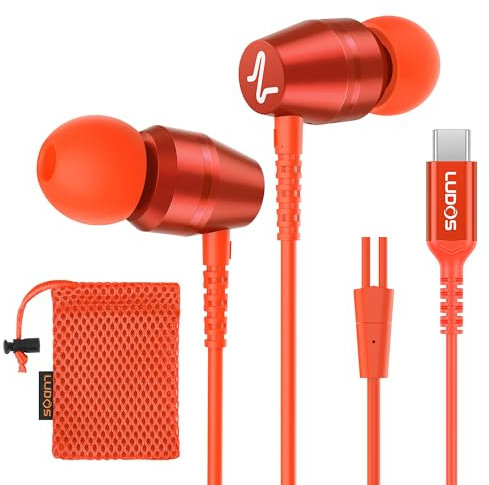 Ludos OMNITONE Auriculares USB C con Micrófono, Garantía de 5 años, Auriculares Tipo C con Cable para iPhone 16 15 Pro MAX Plus Samsung Galaxy S24 S23 S22 Ultra S21 FE S20 A53 A54, iPad Pro - Coral
