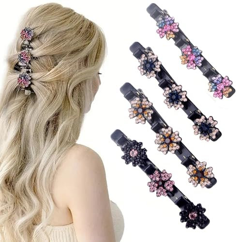 4 Stück Five Leaf Clover Haarspangen, 2025 Neue Haarspangen Blumen, Kristall Haarschmuck Damen, Geflochtene Haarspange Mädchen, Kreieren sie eine Vielzahl Stilvoller Frisuren (#1)