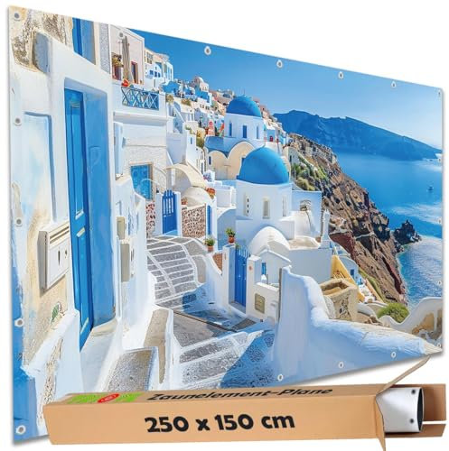 TRIOSK Sichtschutz Garten Deko Zaun Plane Blickdicht groß mit Zaunblende Motiv Griechenland Küste Santorin für Balkon Terrasse Zaunelement Doppelstabmatten Gartenzaun PVC 250x150 cm
