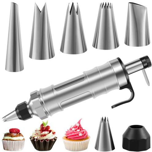 BAODBF Garnierspritze,Tortenspritze Edelstahl,Sahnespritze mit 6 Auswechselbare Düsen,Spritzbeutel Wiederverwendbar,Gebäckspritze für Kuchen,Kekse