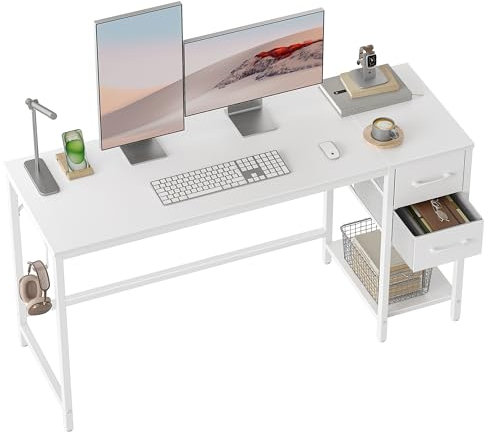 Cubiker Schreibtisch 140×50×75cm, Computertisch, PC-Tisch, Bürotisch, mit 2 Schubladen auf der rechten oder linken Seite, fürs Büro, Wohnzimmer, Stahlgestell, Industrie-Design, Weiß
