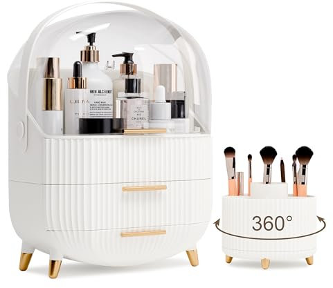 lurcns Makeup Organizer Storage Box with Lid - Large Cosmetic Organiser for Skincare & Make Up, Vanity Organiser Portable Makeup Box for Countertop Dressing Table Bathroom(White+Brush Holder)