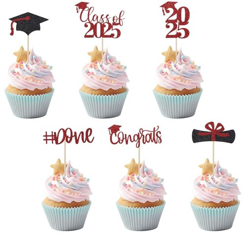 24 Cupcake-Topper zum Schulabschluss 2025, Glitzer-Cupcake-Spieße mit Abschlusskappe und Diplom 6 Stile Tortendekoration zum Schulabschluss Foto-Requisiten Partyzubehör (Rot/Schwarz)
