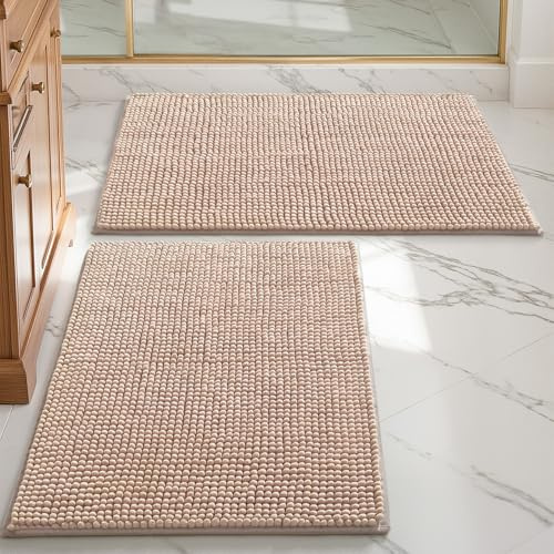 DEXI Badezimmerteppich Set 50 x 80 cm, 2er Pack Badvorleger rutschfest waschbar, Badematte Chenille Saugfähig, weicher Badematten & Badteppiche für Dusche, Badezimmer, Waschküche, Beige