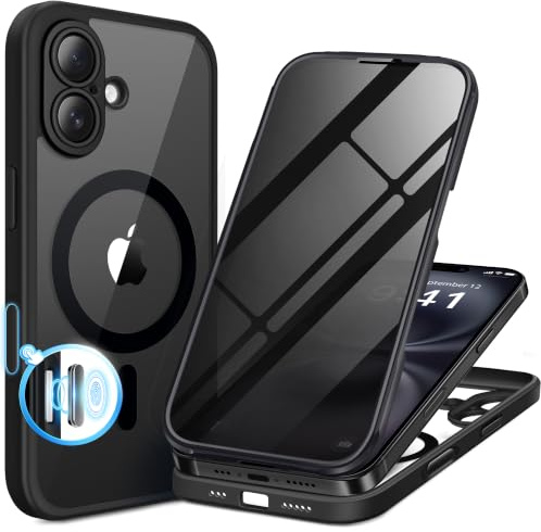 BERFY for iPhone 16 Case, Compatible with Magsafe, Black | Built-in Privacy Screen Protector, Full Camera Protection, Shockproof Full Body Magnetic Clear Phone Case 6.1