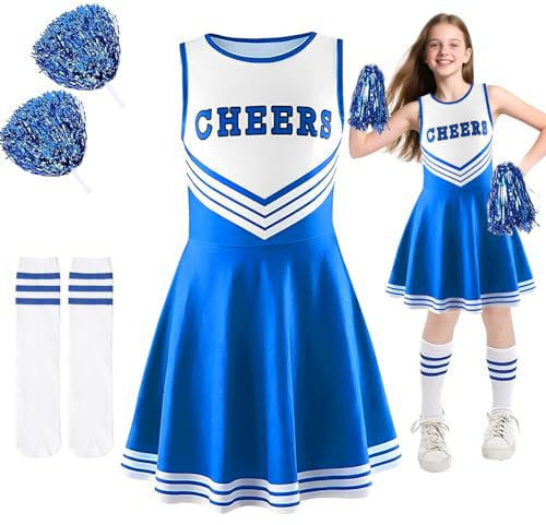 Ntwdby Deguisement Cheerleader Costume, Uniforme De Pom-Pom Girls, Deguisement Pompom Girl Enfant avec Pompoms et Chaussettes, Costume Pompom Girl Fille pour Halloween Carnaval Mascarade (130)