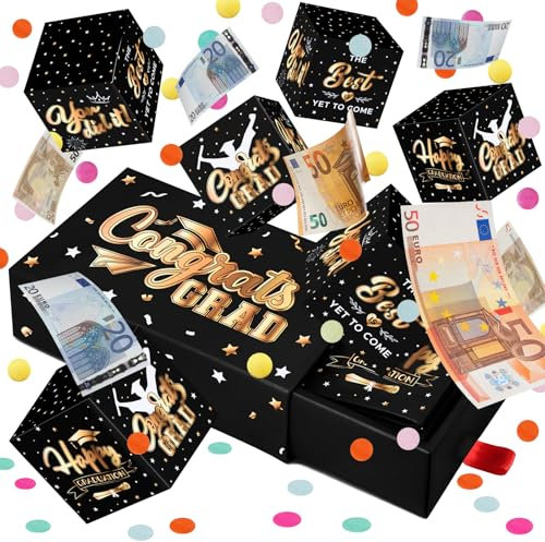 Giftota Bachelor Geschenk 2025, Upgrade DIY Überraschungsbox Pop Up Explosionsbox mit Konfetti, Abschluss Geldgeschenk Verpackung, Geschenke für Bachelor Master Abitur - Schwarz