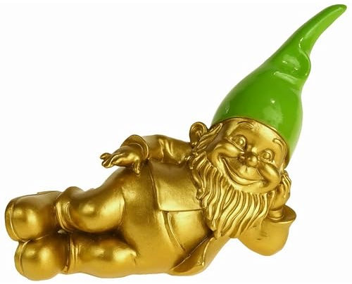 Pommerntraum ® | Zwerg Dekozwerg Zwergenskulptur Zwergendeko Glimmerzwerg Pop-Art WohnDekoration Sammlerfigur Dekorationsfigur (grün/Gold - liegend)