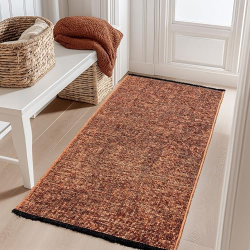 Carpetsale24, Baumwolle Teppich Läufer Terrakotta 80x150 cm Waschbar, Boho-Stil, Vintage Kelim, Kurzflor, rutschfest & Weich, Einfarbig Meliert, Für Küche, Schlafzimmer & Flur