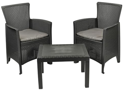 URBN GARDEN 3-Piece Bistro Garden Furniture Set, 2 Black Plastic Armchairs with Cushions & Coffee Table, Rattan-Effect Polypropylene, Outdoor Use, Part Assembled, Ideal for Patio Balcony