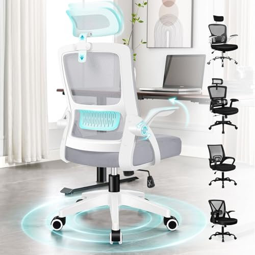 ELFORDSON Home Office Chair with Flip-up Armrests Headrest, Ergonomic Desk Chairs Swivel with Built-in Lumbar Support, Computer Gaming Mesh Chair, White and Grey