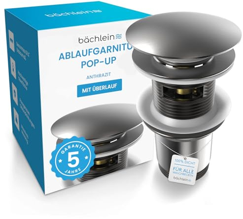 Bächlein Universal Ablaufgarnitur mit Überlauf (Anthrazit) - Pop Up Ventil für Waschbecken und Waschtisch – Ablaufventil Abflussgarnitur aus Messing mit Einbauanleitung