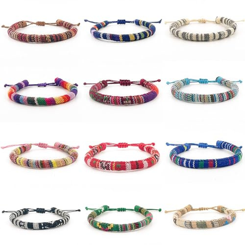 YUNYU Lot de 12 bracelets tissés bohèmes - Bracelets tressés réglables faits à la main pour hommes et femmes - Accessoires de poignet et de cheville pour un usage quotidien