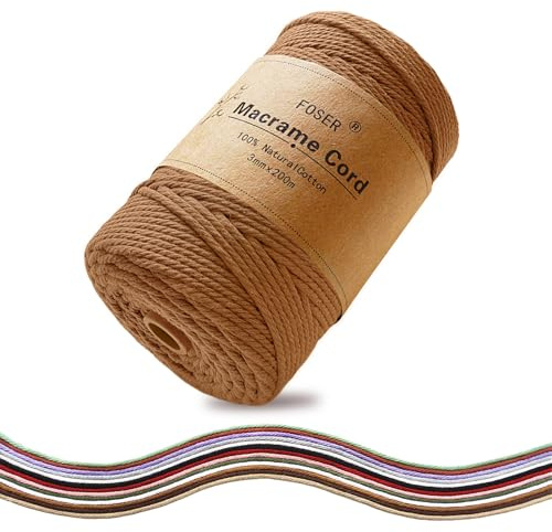 FOSER Filato macramè di alta qualità, 3 mm x 200 m, filo di cotone, per decorazioni fai da te, boho decorazione da parete (marrone castanio)