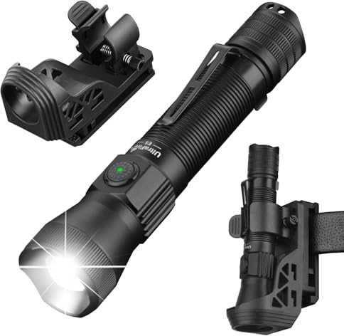 UltraFire Lampe de poche tactique rechargeable avec étui, 1350 lumens, lampe de poche LED zoomable avec support pour ceinture de service, 6 modes, USB-C, pour le camping/application de la loi, E5
