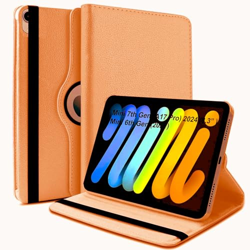 World biz Rotating Case for iPad mini (A17 Pro, 2024 Model, 7th Generation) / mini 6 (2021 Model, 6th Generation), 360 Degree Rotating Leather Protective Stand Cover, Auto Wake Sleep (Orange)