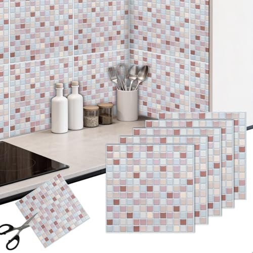 Gexuamz Carreaux Adhésifs Muraux 3D Imperméables - Mosaïque Rose Auto-Adhésive pour Salle de Bain & Cuisine - Lot de 5 Pièces 25x25cm - Décoration Murale Sticker Crédence - Améliorez Votre Intérieur