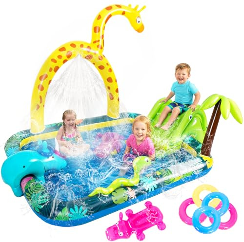 Aufblasbares Dschungeltier-Spielzentrum, aufblasbarer Wasserpark Kiddie Pool mit Rutsche, Wassersprüher für Hinterhof und Garten