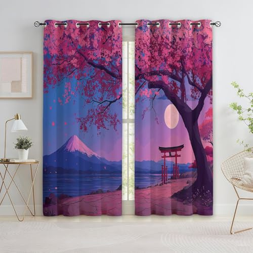 Blickdichte Gardinen Vorhänge 214 x 91.5 cm (H x B), Weicher Vorhang Anime Japanischer Stil Blumen Kirschbaum mit Ösen - Rosa Verdunkelungsvorhang für Kinder Jungen Mädchen und Jugendzimmer Dekor