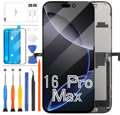 LADYSON Écran LCD de rechange pour iPhone 16 Pro Max A3296, A3084, A3295, A3297 LCD Display Touch Digitizer Assemblée avec True Tone, Face ID, 3D Touch + outils de réparation (pas d'origine)