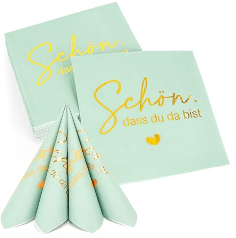 40 Stück Servietten Schön Dass Du Da Bist-Heißfolienprägung Design,3-Lagig Salbeigrün Servietten Hochzeit Geburtstag Tischdeko,33 × 33 cm Papierservietten Eukalyptus Grün Napkins Spruch für Taufe