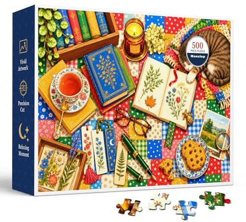 Cozy Reading Table 500 Piece Jigsaw Puzzle for Adults, Colorful Cottagecore Still Life with Books, Tea Cup, Botanical Journal, Sleeping Cat, Candle, Cookies and Patchwork Quilt Art, 20.5 x 15 in