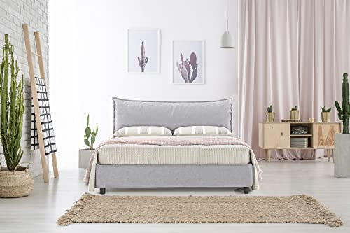 EVERGREENWEB - Letto Matrimoniale con BOX Contenitore + MATERASSO Matrimoniale + Coppia Cuscini Memory INCLUSI + Rete a Doghe in Legno, Elegante Testiera Tessuto Grigio Imbottito SFODERABILE Mod ALEXA