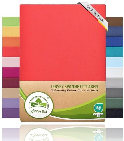 leevitex® Spannbettlaken 180x200cm - 200x200cm | Spannbetttuch Bettlaken | 100% Jersey Baumwolle | Matratzenhöhe bis 25 cm | Öko-Tex | Rot/Signalrot