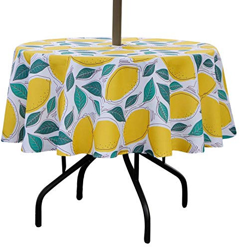 SUQ I OME Patio Outdoor Tablecloth with Umbrella Hole,Garden Tablecloth with Umbrella Hole and Zipper,Table Cloths for Host Backyard Parties, BBQs,Family Gatherings(Lemon,60'' Round with Zipper)