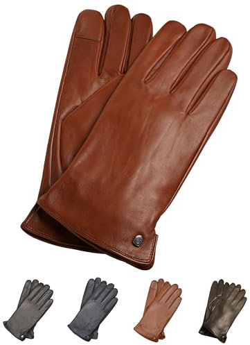 AKAROA ESTD 2019 Lederhandschuhe Herren TIM, Touchscreen Funktion, italienisches Leder, recyceltes Strickfutter aus 50% Kaschmir und 50% Wolle, 5 Größen S - XXL, cognac, M-9