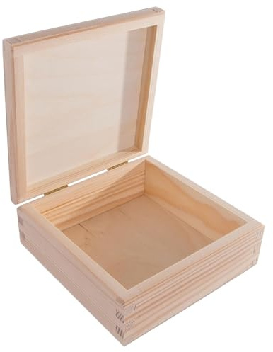 WooDeeDoo Small Square Wooden Keepsake Box with Hinged Lid – 15 x 15 x 6 cm – Plain Pine Memory Case for Craft Projects Jewellery Storage Gift Wrapping Personalised Decoration