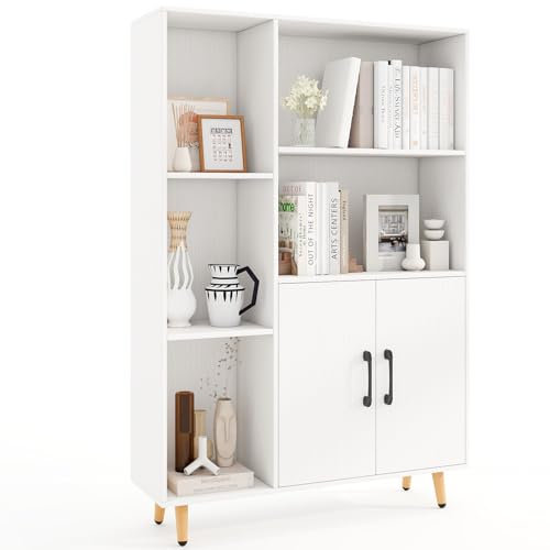 COSTWAY Wooden Bookcase, Free Standing Sideboard Storage Cabinet with 5 Open Compartments and Double Doors, Tall Bookshelf Display Organiser Unit for Living Room Dinning Bedroom Hallway (White)