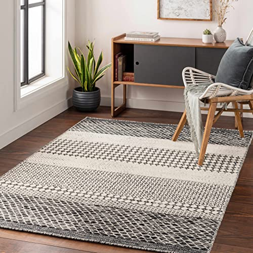 Hauteloom Apis Boho Hand Woven Wool Striped Geometric Textured Area Rug - Farmhouse Moroccan Trellis Carpet for Living Room, Bedroom - Black, Beige, Gray - 6' x 9'