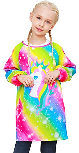 PASHOP Kids Art Smocks Unicorn Waterproof Painting Apron Smock for Girls Boys Long Sleeve Knee Length Artist Smock with Pocket for 3-12 Years (Unicorn A, 8-12 Years)