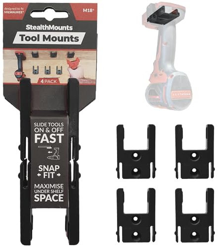StealthMounts Tool Mounts for Milwaukee M18 | Cordless Tool Holders for Milwaukee 18v Power Tools | 4 Pack | Black Tool Organisers for Milwaukee