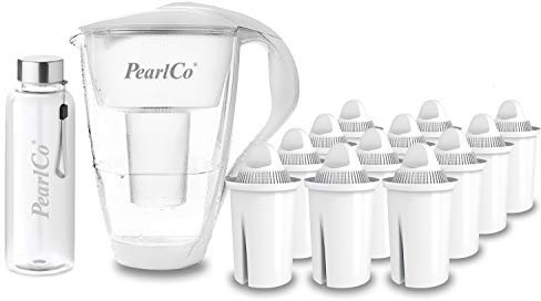 PearlCo - Glas-Wasserfilter (weiß) mit 12 Universal classic Filterkartuschen + 1 Trinkflasche aus Glas